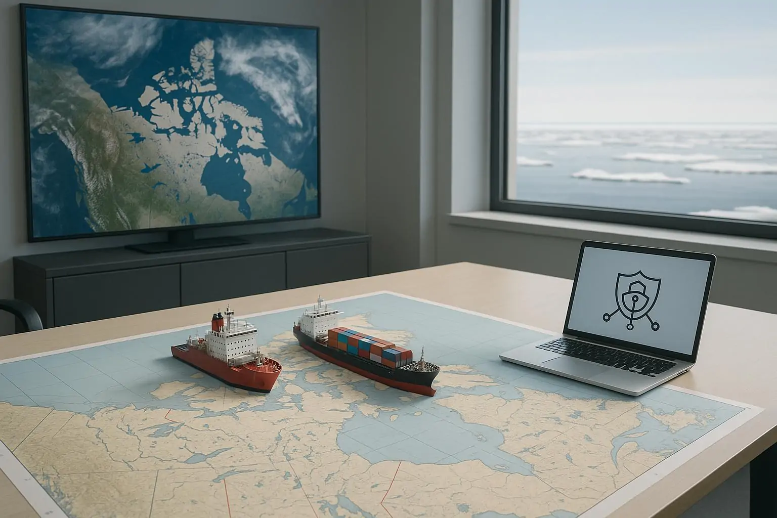 Карта канадской Арктики на столе в современном центре мониторинга, рядом модели судов и экран со спутниковыми данными.