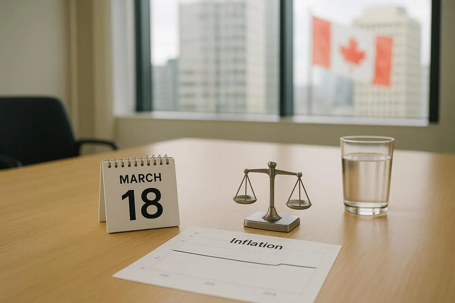 На столе в офисе график инфляции около 2% и календарь, символизирующие паузу ставки и неопределённость тарифов