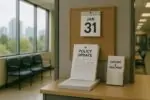 Светлый офисный коридор с датой «31 января» и документами «Policy Update», рядом стойка «Support & Treatment»