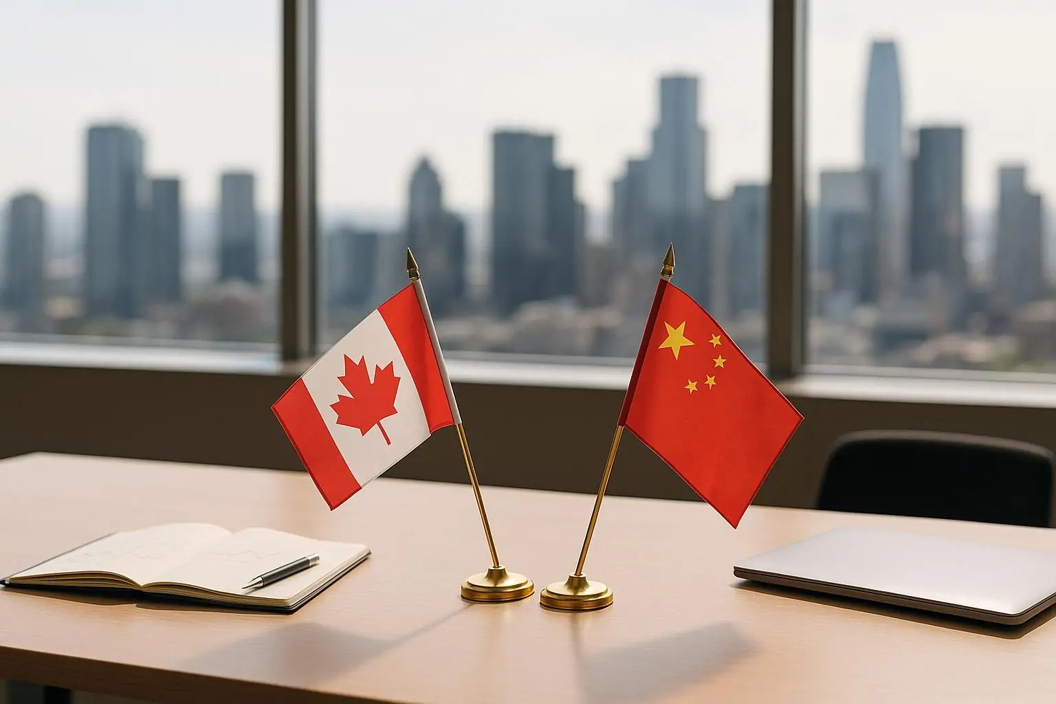 Флаги Канады и Китая на столе переговоров рядом с графиками, мягкий дневной свет и спокойный фон города