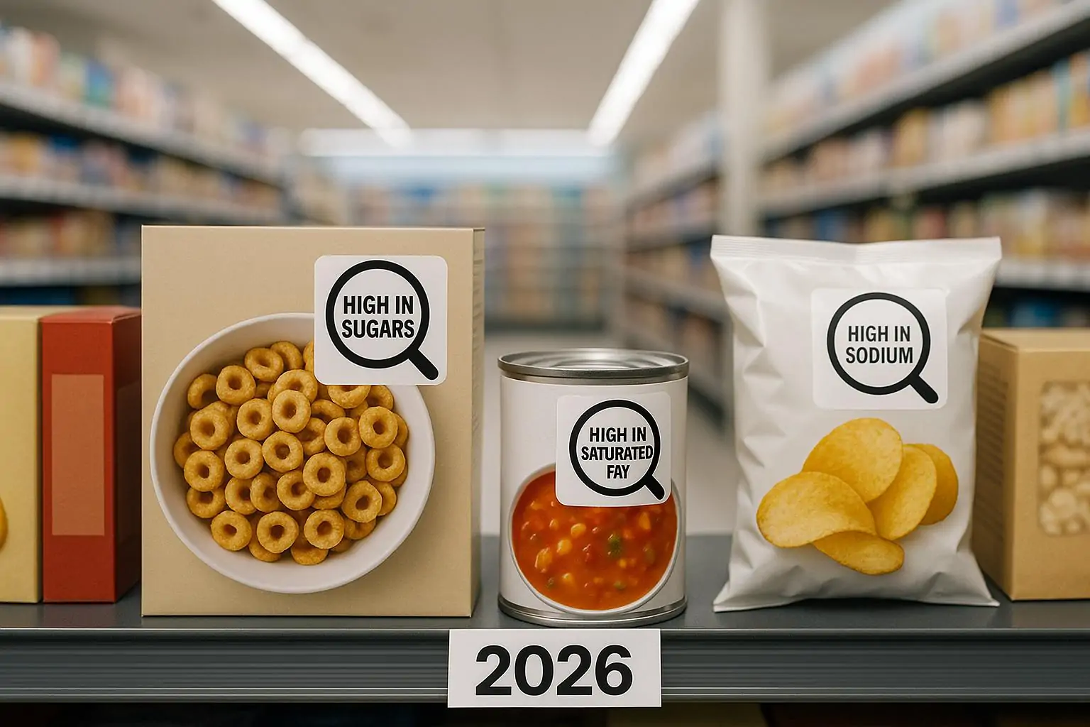 Полка в канадском супермаркете с упакованными продуктами и чёрно-белыми предупреждающими знаками на лицевой стороне