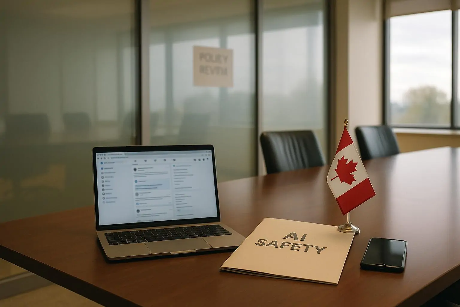 На столе в офисе правительства Канады ноутбук и папка «AI Safety» как символ обсуждения регулирования X.