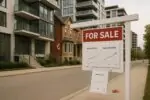 Современный жилой квартал в Канаде: табличка «For Sale» и лист с графиком продаж на фоне домов