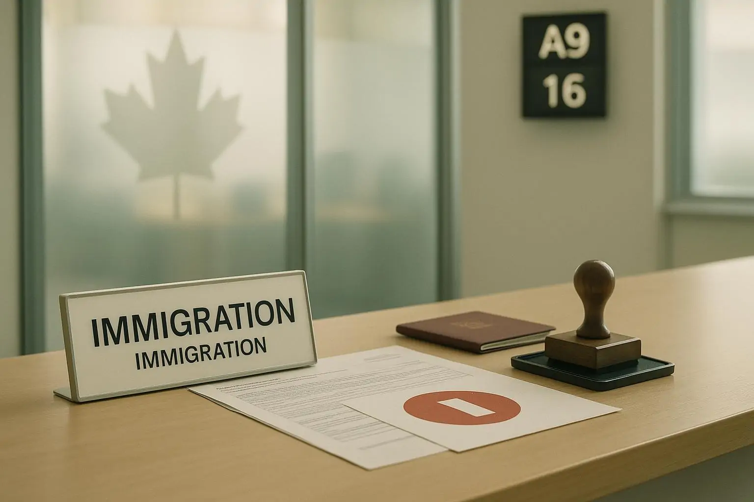 Стойка иммиграционной службы в Канаде с формами и символом паузы, спокойный нейтральный дневной свет