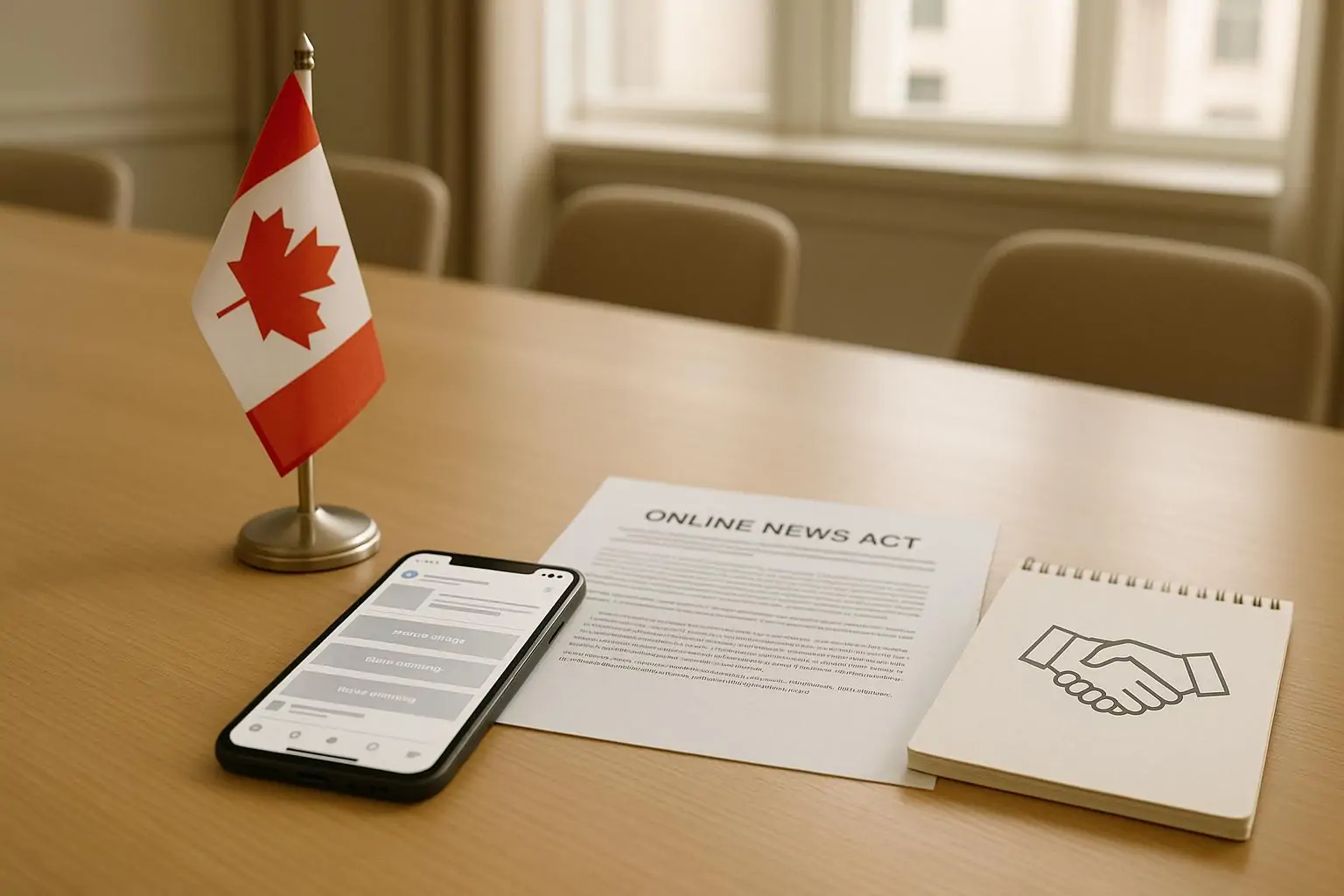 Стол переговоров с флагом Канады, смартфоном с размытым фидом и документом о законе о новостях