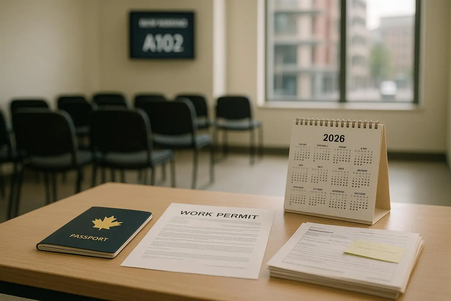 Папка с заявлениями, календарь на 2026 год и нейтральный документ на столе в канадском сервис-центре