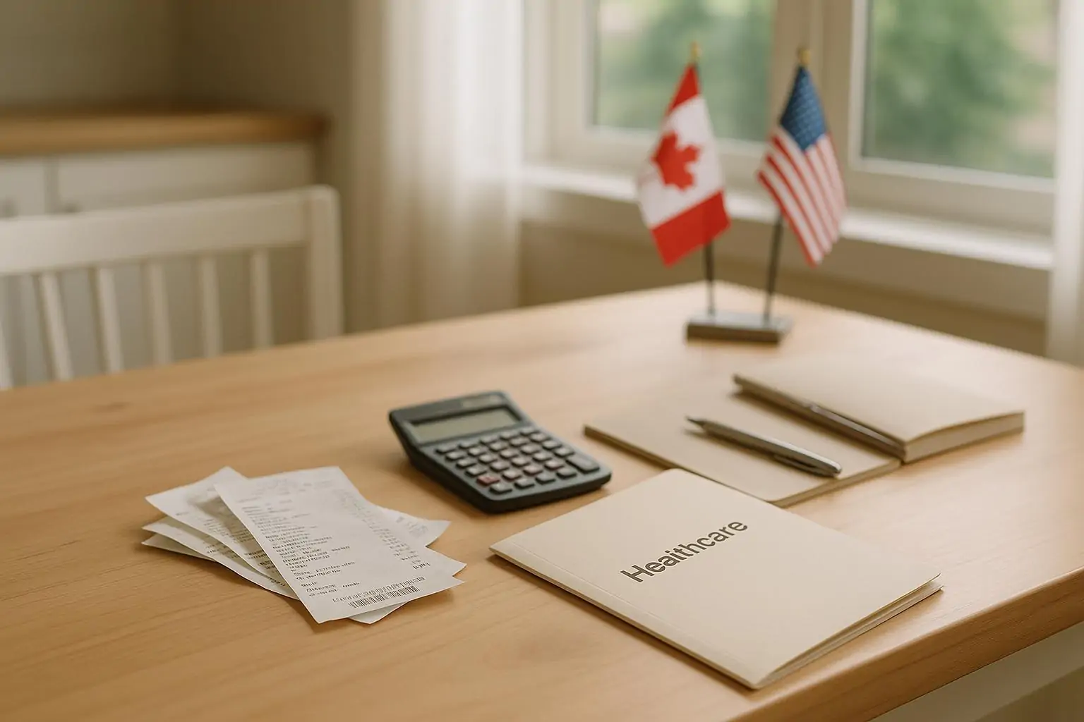 Квитанции и счета рядом с папкой «Healthcare» на столе, на фоне небольшие флаги Канады и США