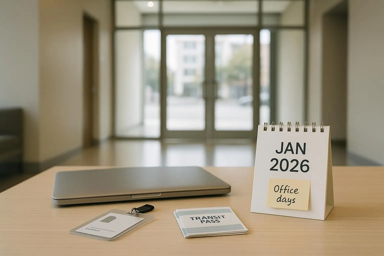 пропуск, закрытый ноутбук и календарь «январь 2026» как символ ужесточения удалёнки в Канаде.