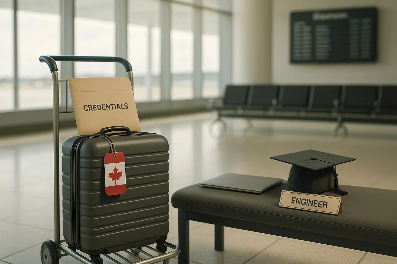 Тихий зал вылета в аэропорту: чемодан с биркой кленового листа и папка с дипломом, символ отъезда специалистов