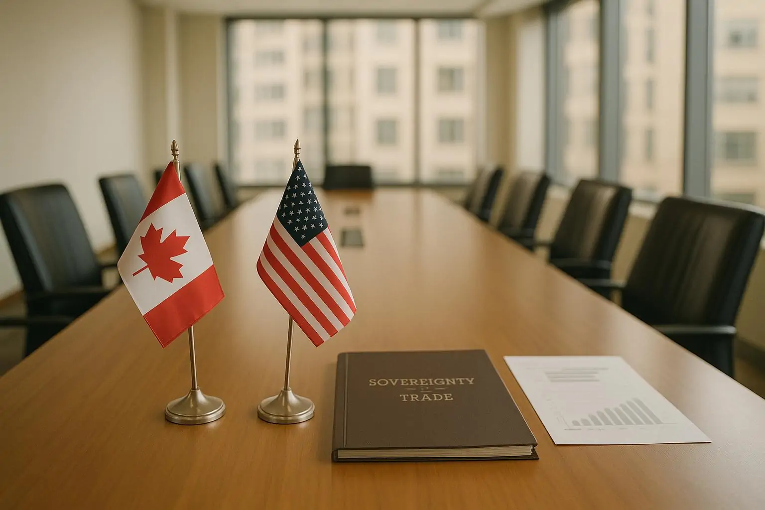 Стол переговоров с настольными флагами Канады и США и папкой о суверенитете в светлом зале