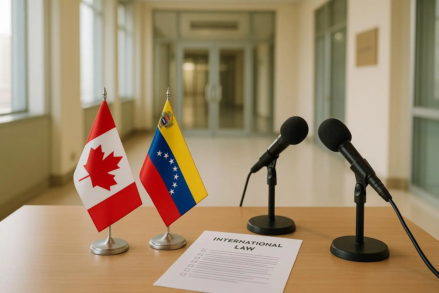 Флаги Канады и Венесуэлы у микрофонов и документа о международном праве в светлом зале брифинга