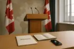 Пустой пюпитр в зале брифингов Оттавы, папка «Statement» и телефон с X как символ осторожной реакции