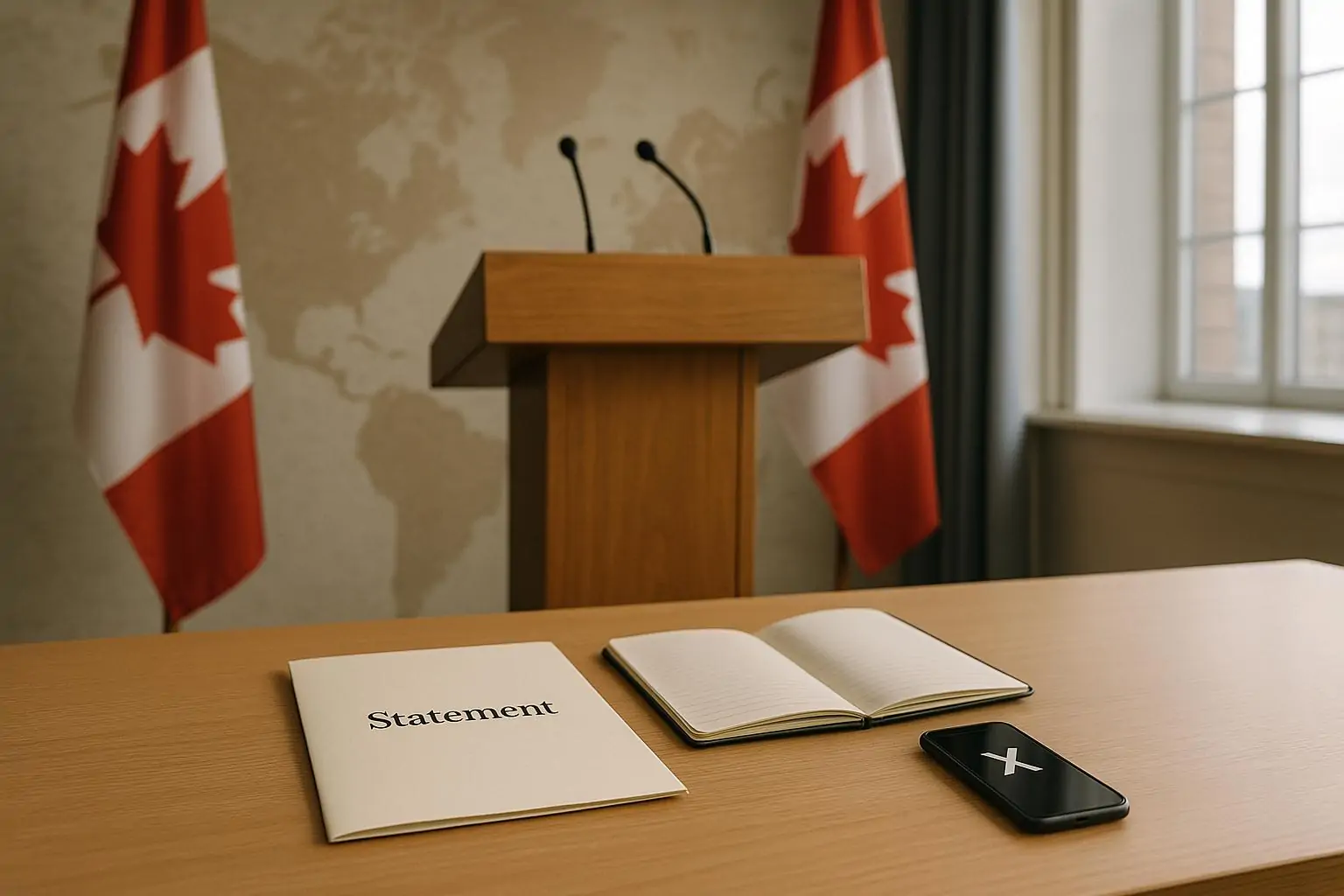 Пустой пюпитр в зале брифингов Оттавы, папка «Statement» и телефон с X как символ осторожной реакции