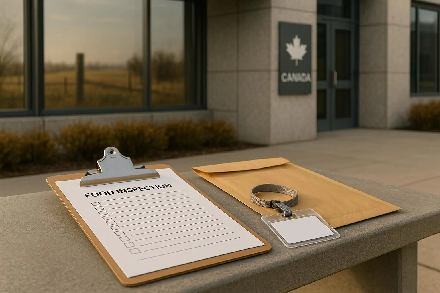 Спокойный офисный фасад в Канаде: папка инспекции и закрытый конверт на скамье, символ давления.