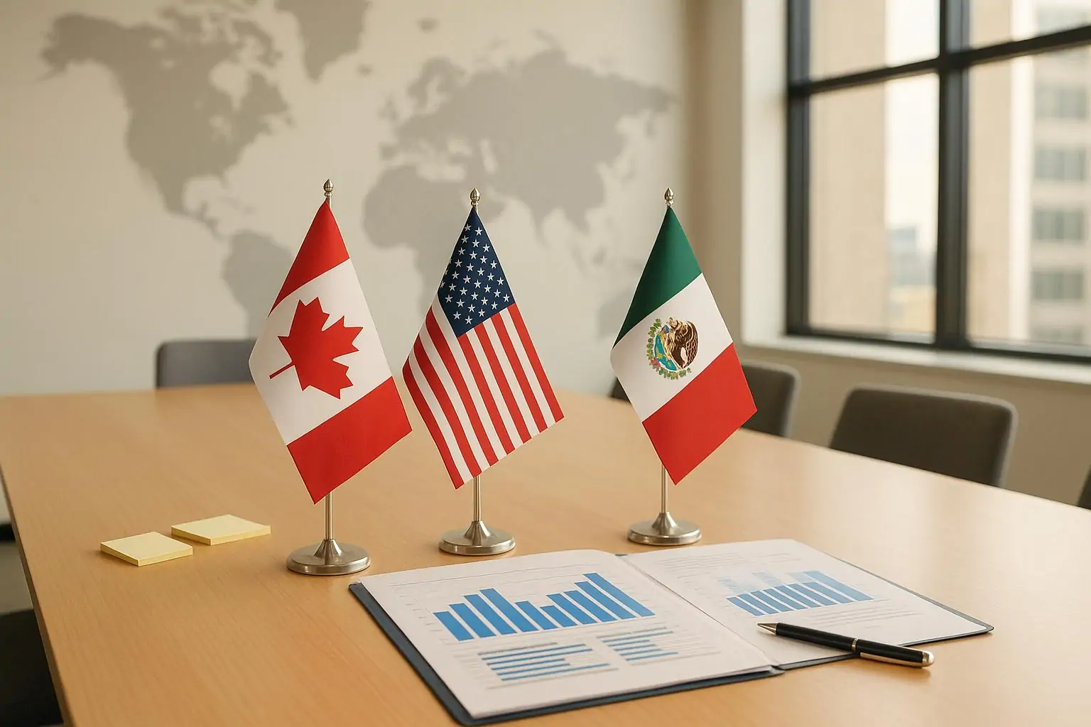Стол переговоров с папками и графиками, рядом настольные флажки Канады, США и Мексики при дневном свете