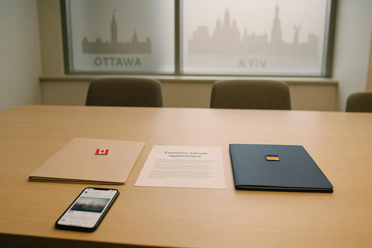 На столе в переговорной папки с символикой Канады и Украины и размытый документ о назначении советника