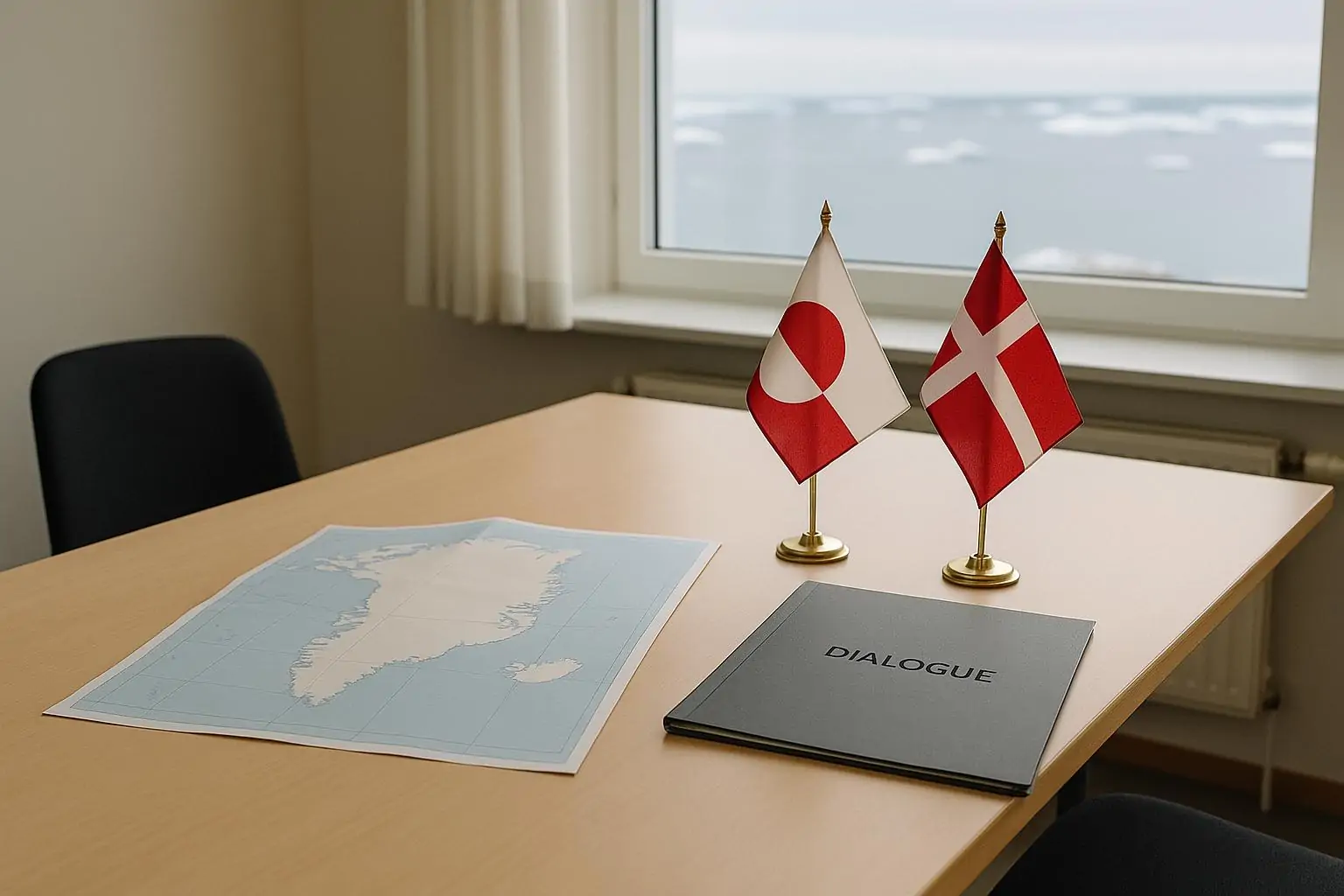 Кабинет для переговоров: на столе карта Гренландии и настольные флажки Гренландии и Дании, дневной свет