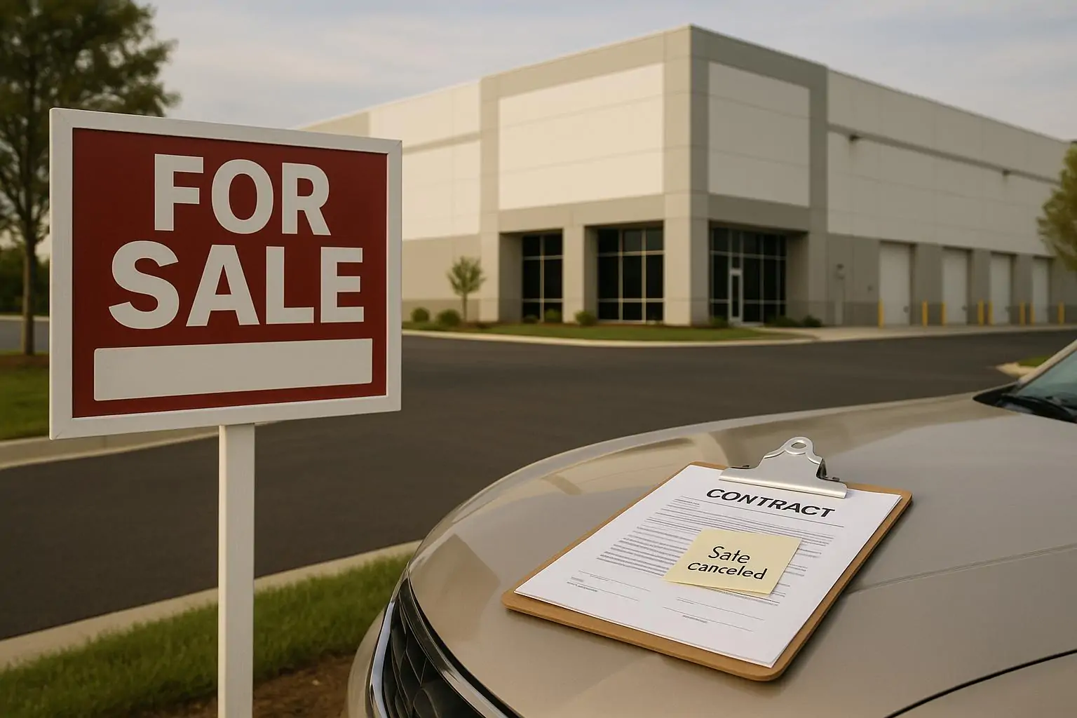 Современный склад в Вирджинии с табличкой «For Sale» и неподписанными документами, символ отмены сделки