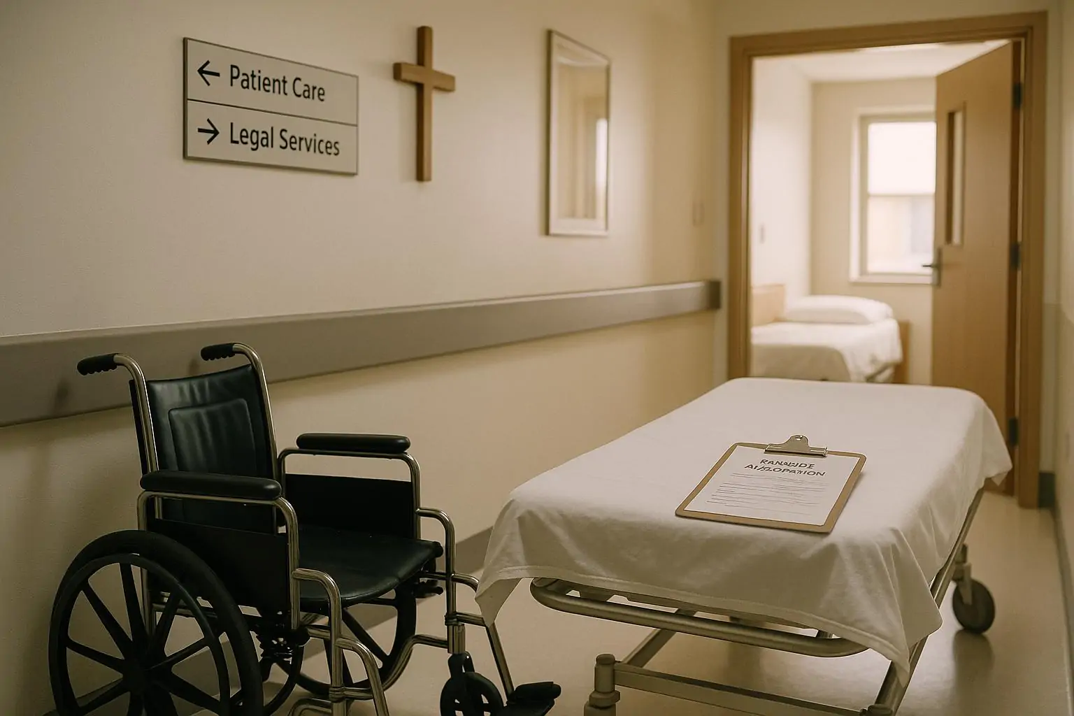 Пустая больничная каталка и кресло у коридора, таблички «Patient Care» и «Legal Services» на фоне