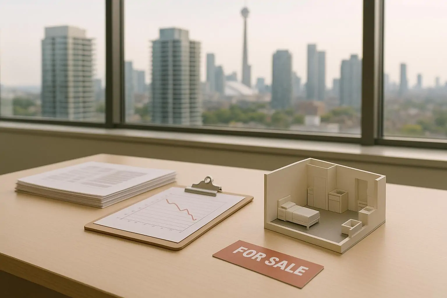 Макет микрокондо и документы с графиком снижения цен на столе у окна с видом на высотки Торонто