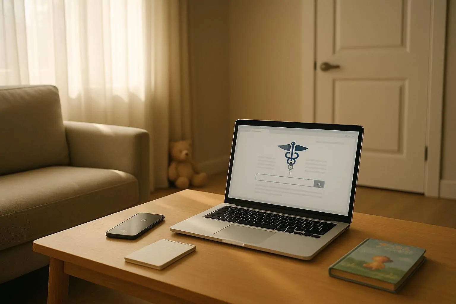 Светлая гостиная, ноутбук с поиском мединформации и закрытая дверь с игрушкой — символ судебного приговора