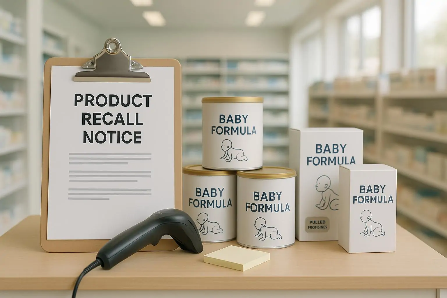 Витрина аптеки с нейтральными банками детской смеси и листом уведомления об отзыве партии