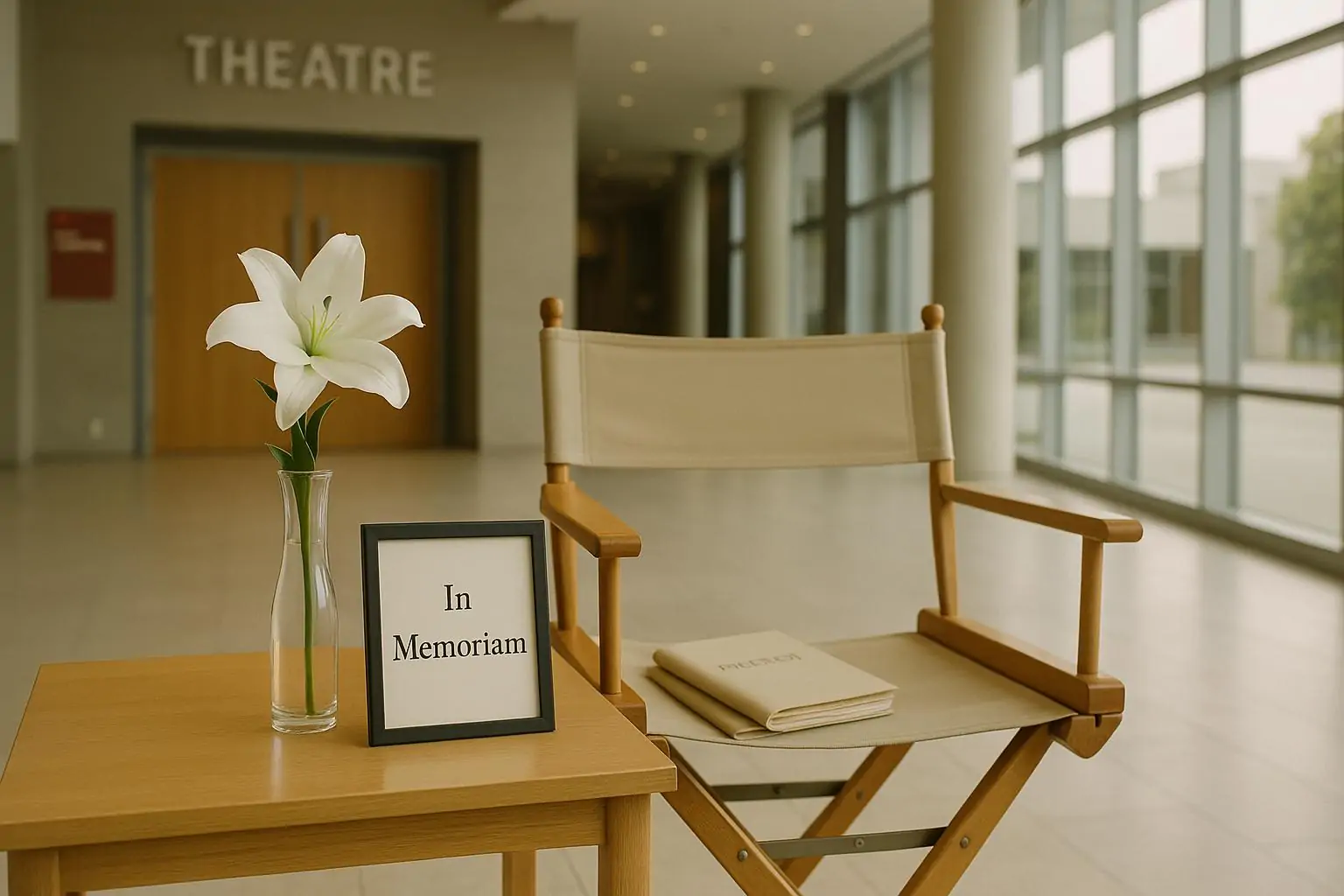 Светлое фойе театра: пустой режиссёрский стул, сложенный сценарий и белая лилия как символ памяти