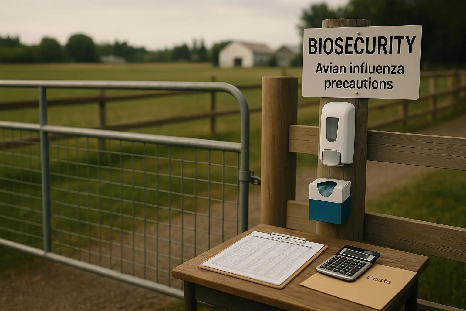 Вход на страусиную ферму с табличкой о биобезопасности и папкой с расчётами расходов, дневной свет