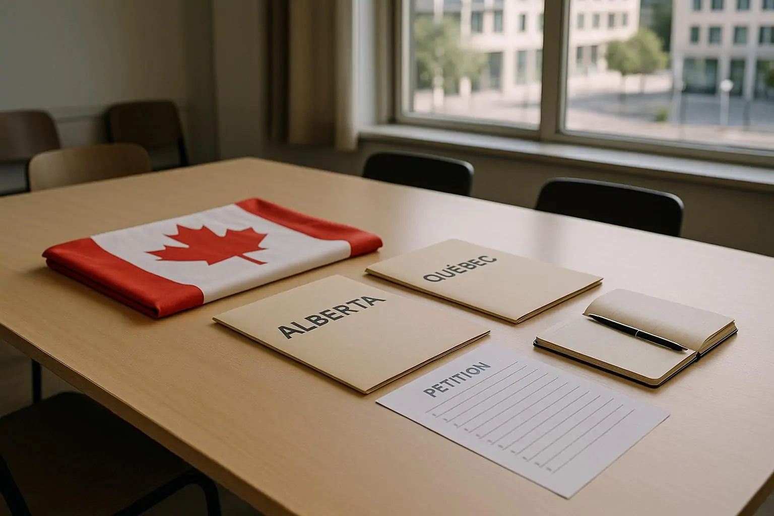 Стол в общественном зале: сложенный флаг Канады, папки «Alberta» и «Quebec» и лист петиции