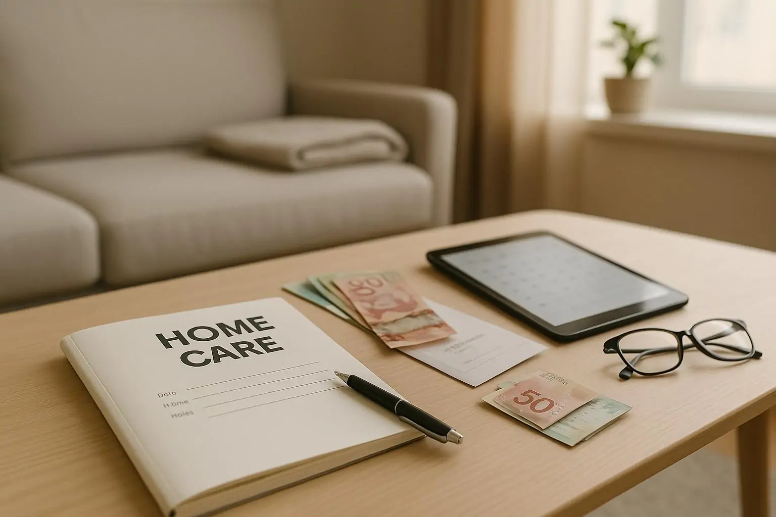 Светлая гостиная: на столе формы «уход на дому», блокнот, планшет и конверт с деньгами как символ выплат