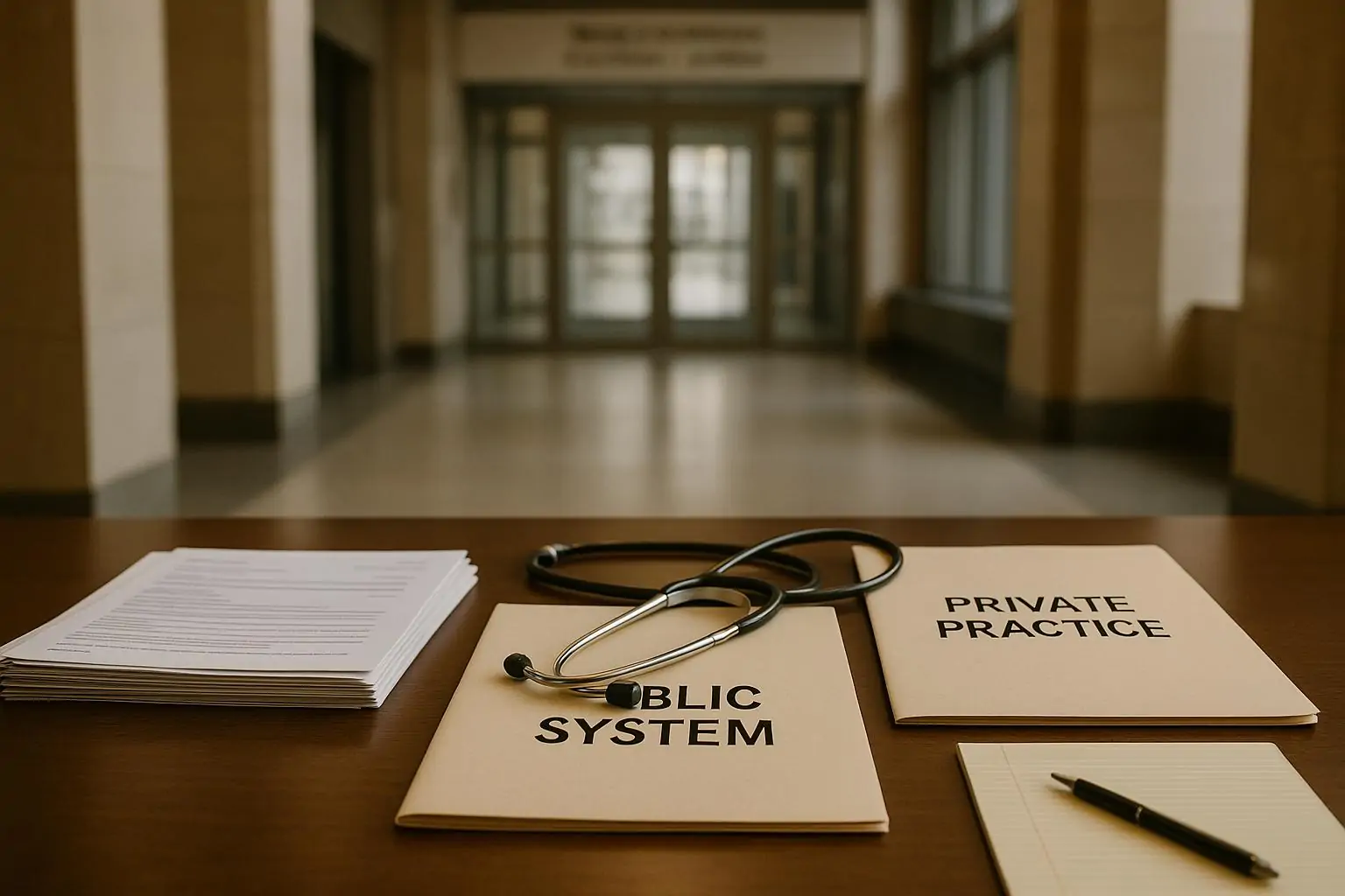 Папка с меддокументами и стетоскоп на столе в светлом холле суда, символ спора о работе врачей