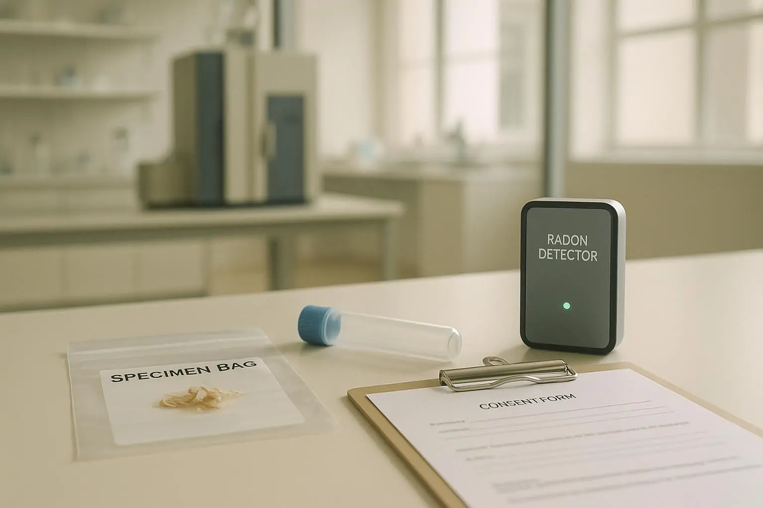 Пробирка и пакет с образцом ногтей рядом с радон-детектором в светлой лаборатории, без людей