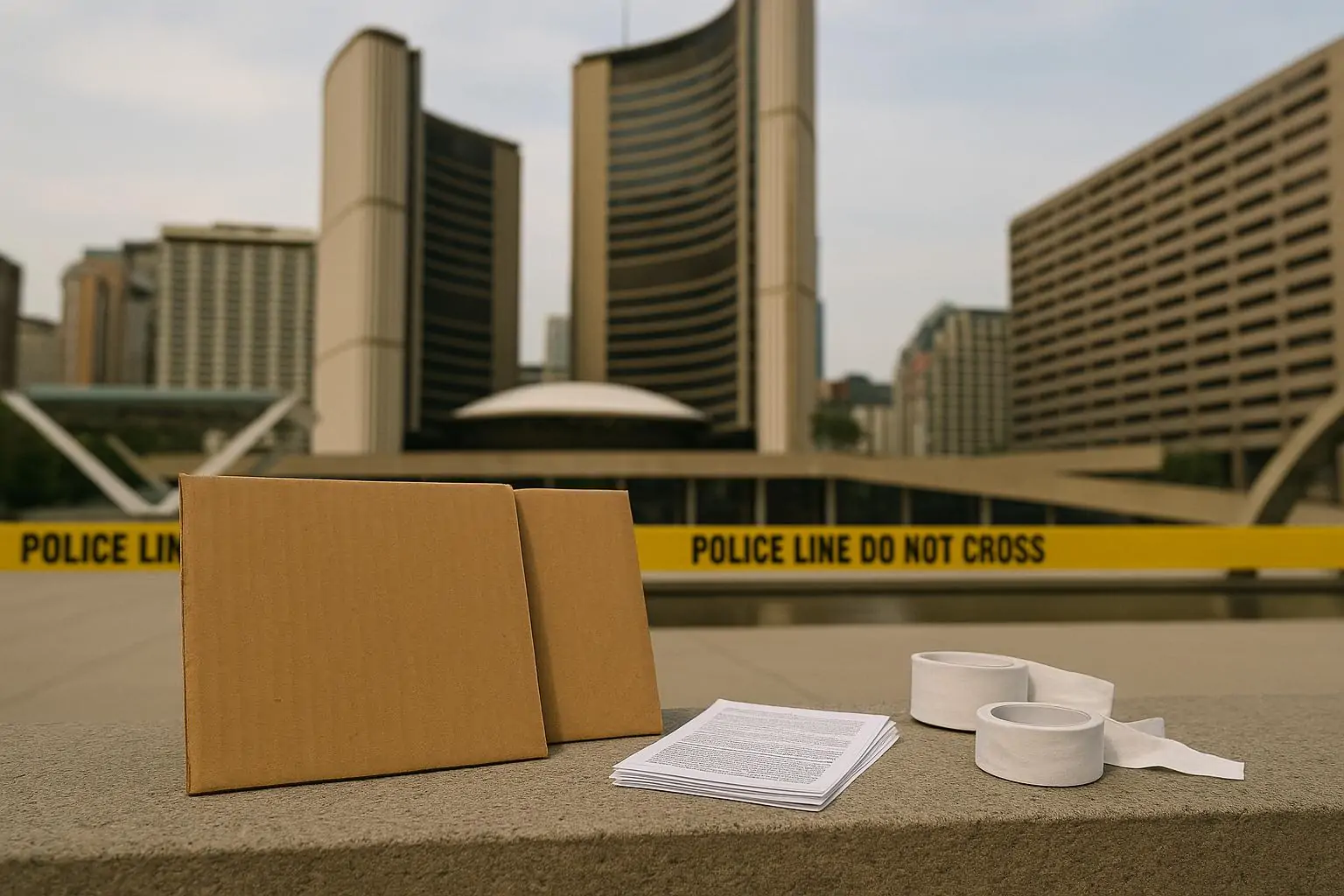 Площадь Нэйтан-Филлипс в Торонто: пустые плакаты и листовки у ограждений, спокойный дневной свет