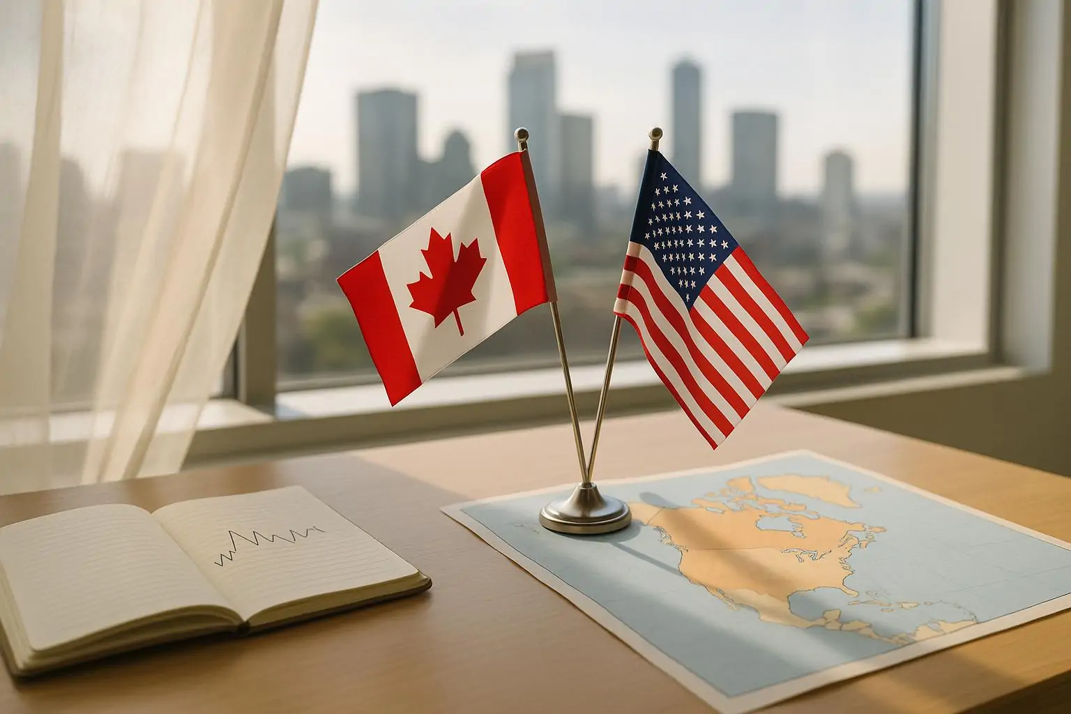 Офисный стол с картой Северной Америки и маленькими флагами США и Канады, мягкий дневной свет
