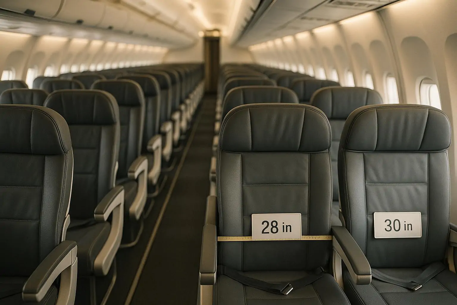 Пустой салон самолёта с акцентом на расстоянии между креслами, символизирующий возврат к комфорту.
