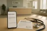 Смартфон с ответом ИИ рядом с брошюрой «проверено врачом» и стетоскопом в светлой клинике.