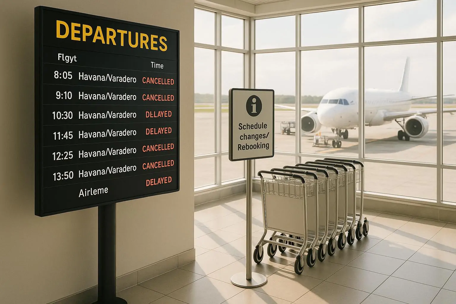 Пустой зал вылета и табло с отменёнными рейсами на Кубу, за окном самолёт у гейта при дневном свете