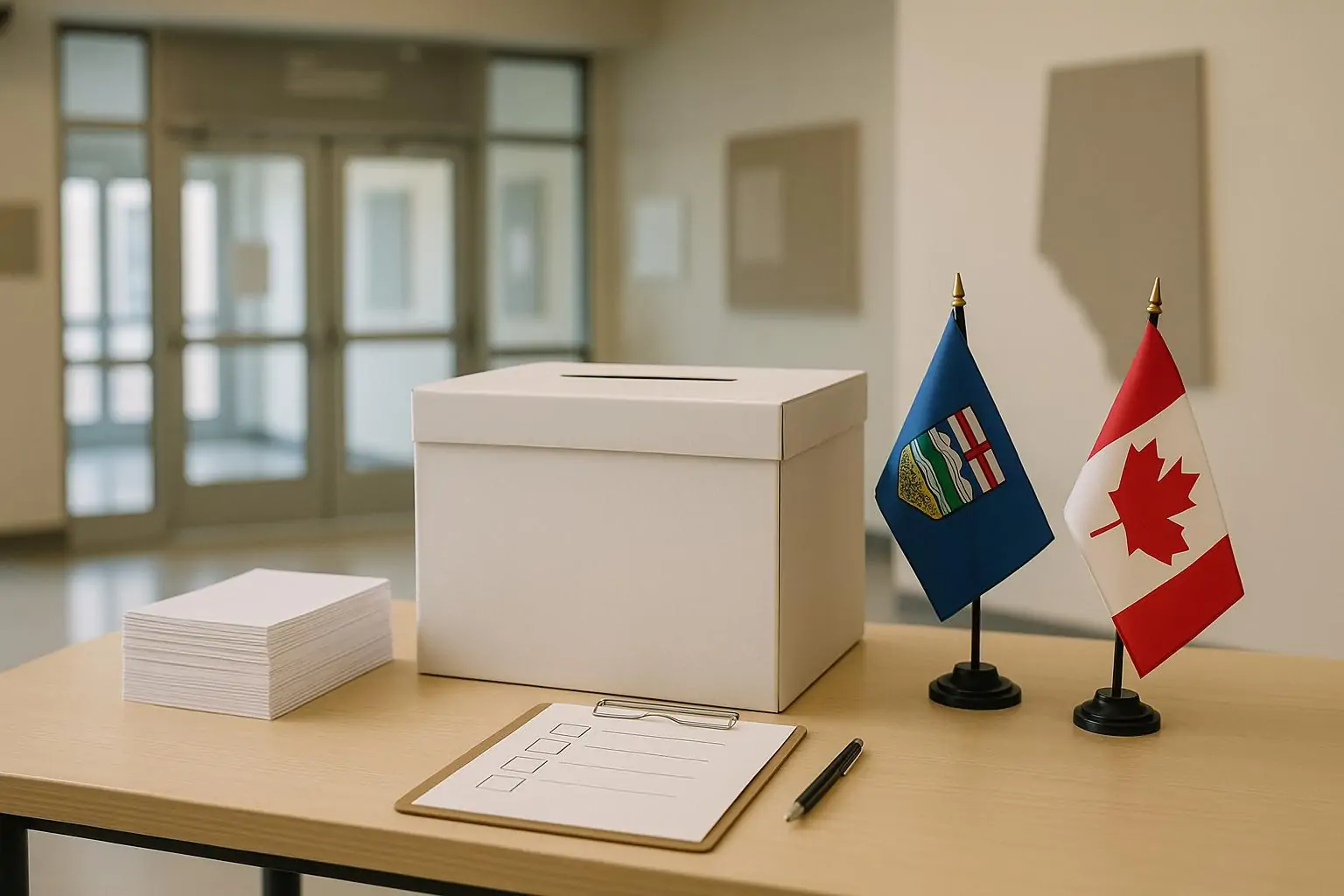 Урна для голосования и флаги Альберты и Канады в спокойном зале, символ референдума