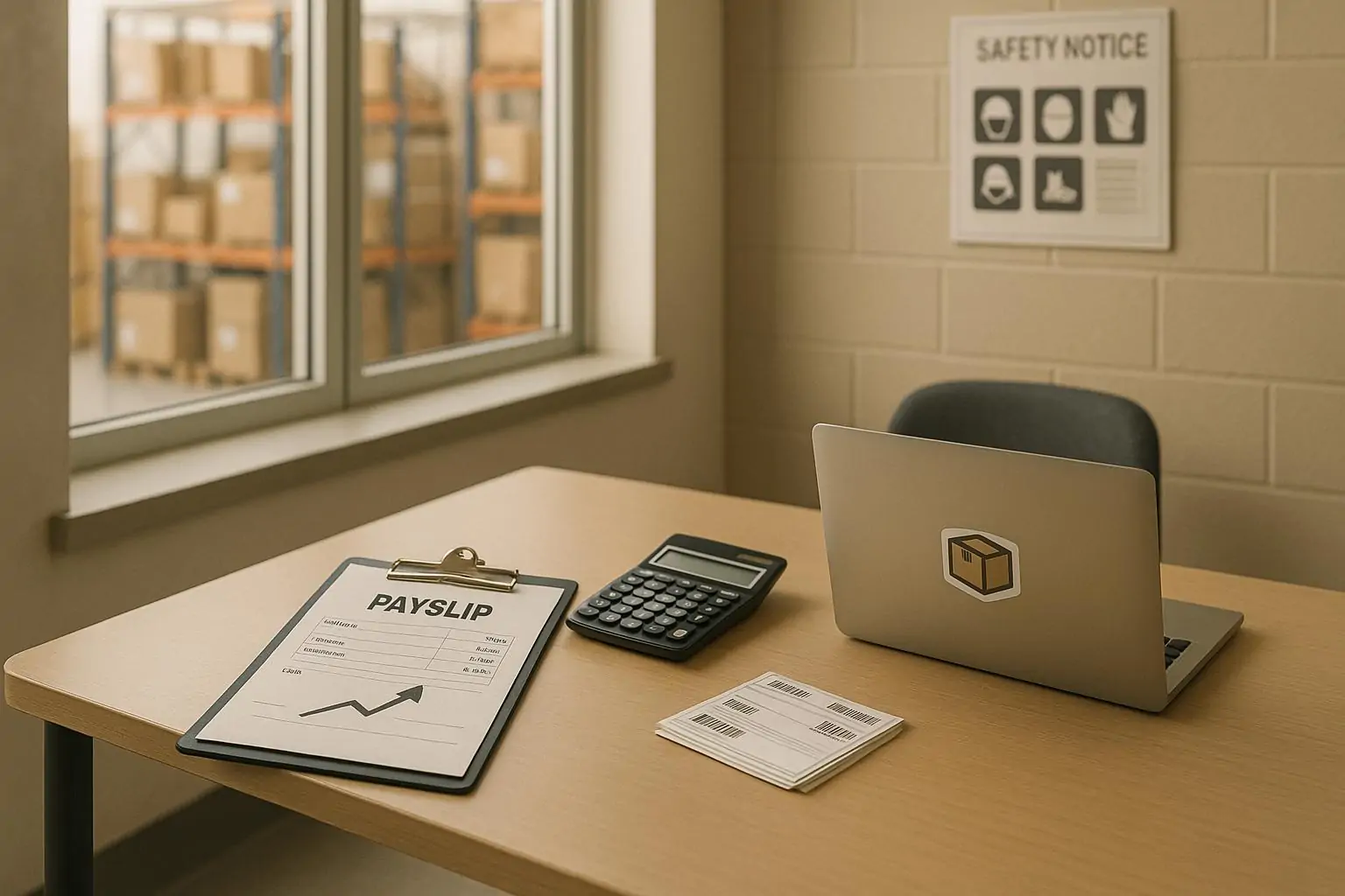 Документы по зарплате, калькулятор и ноутбук на столе в офисе склада, дневной нейтральный свет
