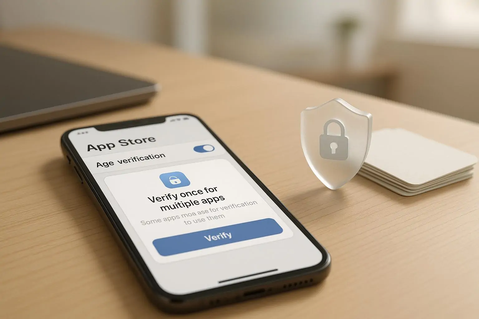 Смартфон с нейтральным экраном «проверка возраста» в магазине приложений и символом приватности на столе