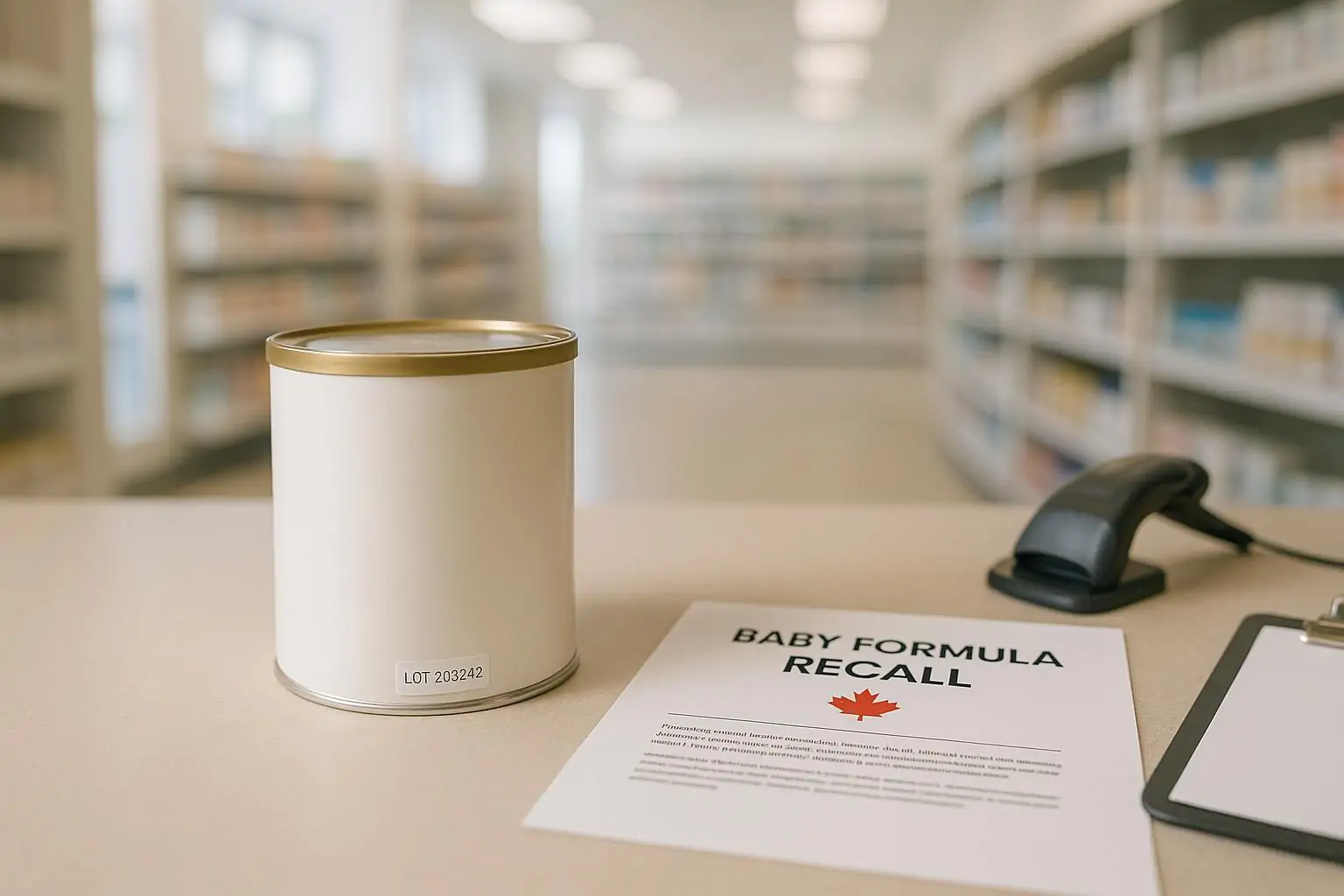 Безбрендовая банка детской смеси рядом с листом уведомления об отзыве на стойке в магазине, дневной свет