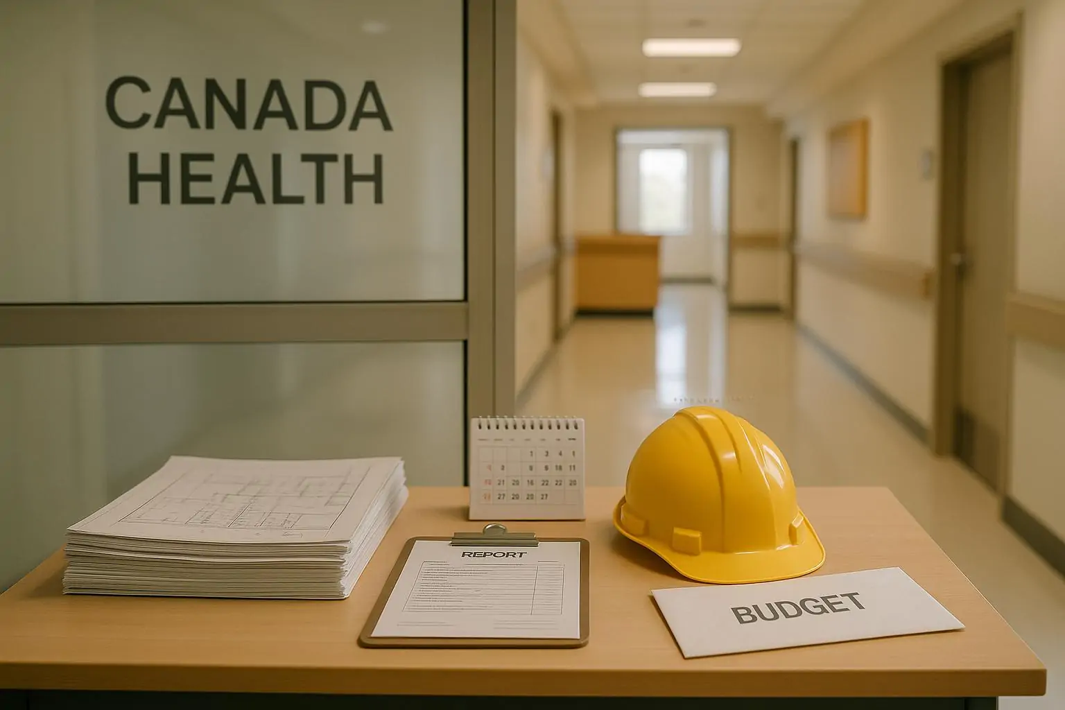Папки с проектной документацией и календарь на столе в светлом коридоре больницы, символ задержек из-за бюджета.