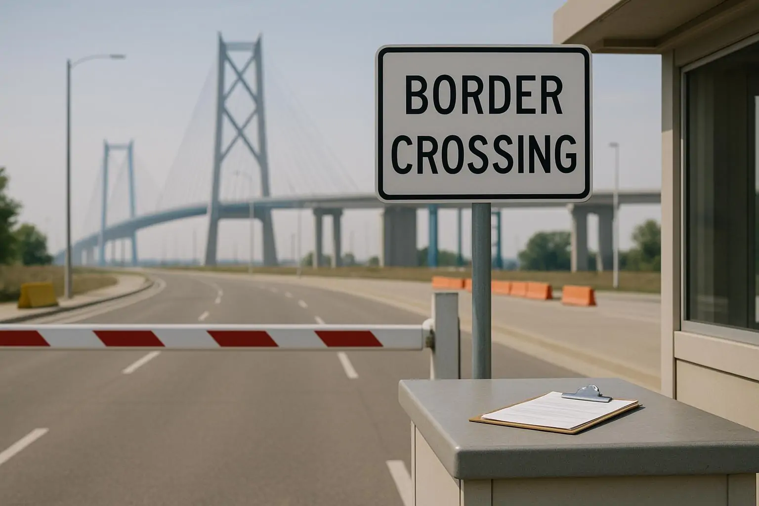 Спокойный вид на погранпереход США—Канада с силуэтом нового моста вдали и папкой документов на посту