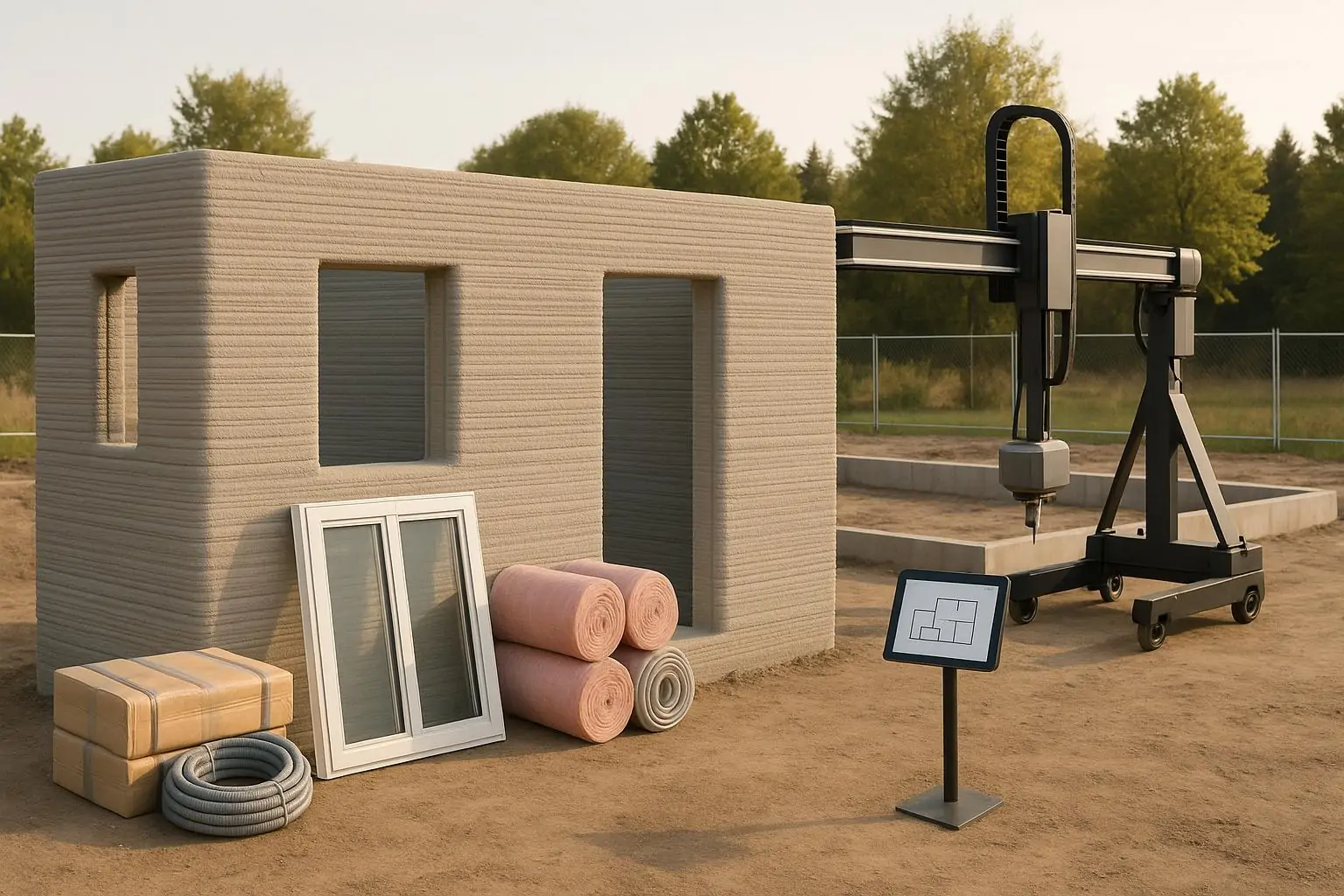 Площадка в Канаде: напечатанный слоями бетонный фрагмент дома и рядом традиционные материалы, процесс застыл