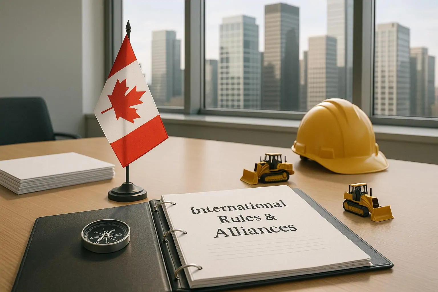Папка с документами о международных правилах рядом с маленьким флагом Канады на фоне светлого города
