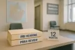 Папки «IRB hearing» и «PRRA review» на столе в светлом офисе, символ изменения правил убежища в Канаде.