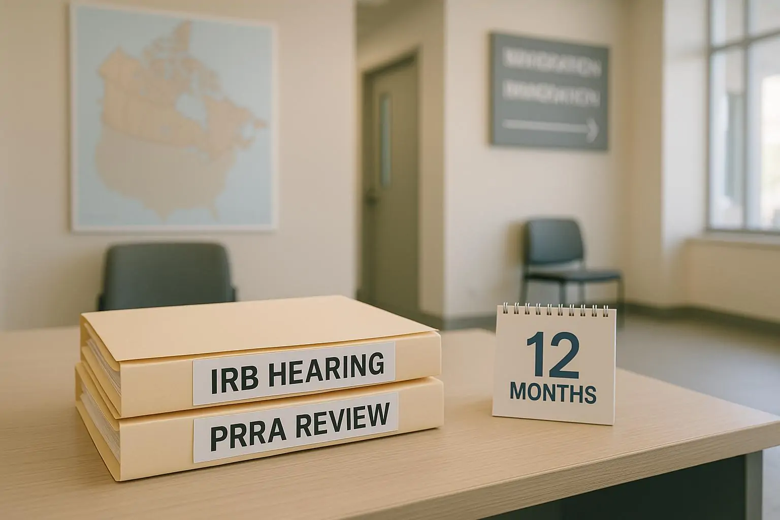 Папки «IRB hearing» и «PRRA review» на столе в светлом офисе, символ изменения правил убежища в Канаде.
