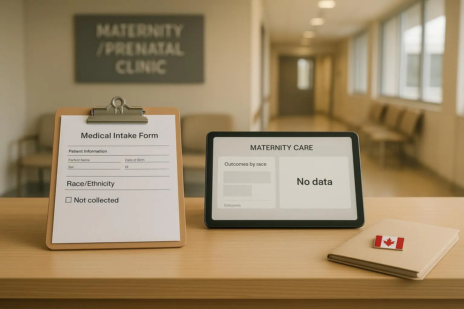Стойка в канадской клинике: анкета для беременных с пустым полем «раса/этничность» и планшет с пропусками данных
