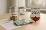 На столе с документами и графиками — банки «Budget» и «Deficit», купюры CAD и календарь 2035.