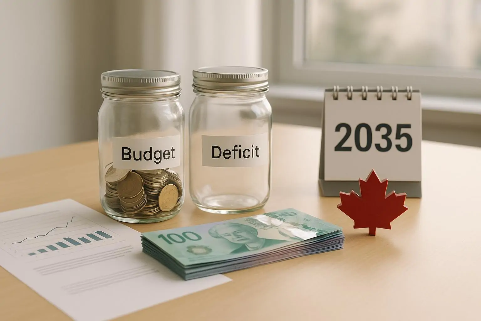 На столе с документами и графиками — банки «Budget» и «Deficit», купюры CAD и календарь 2035.